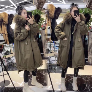 网红长款 宽松显瘦加绒加厚派克服 连帽可拆卸大毛领外套大衣新款