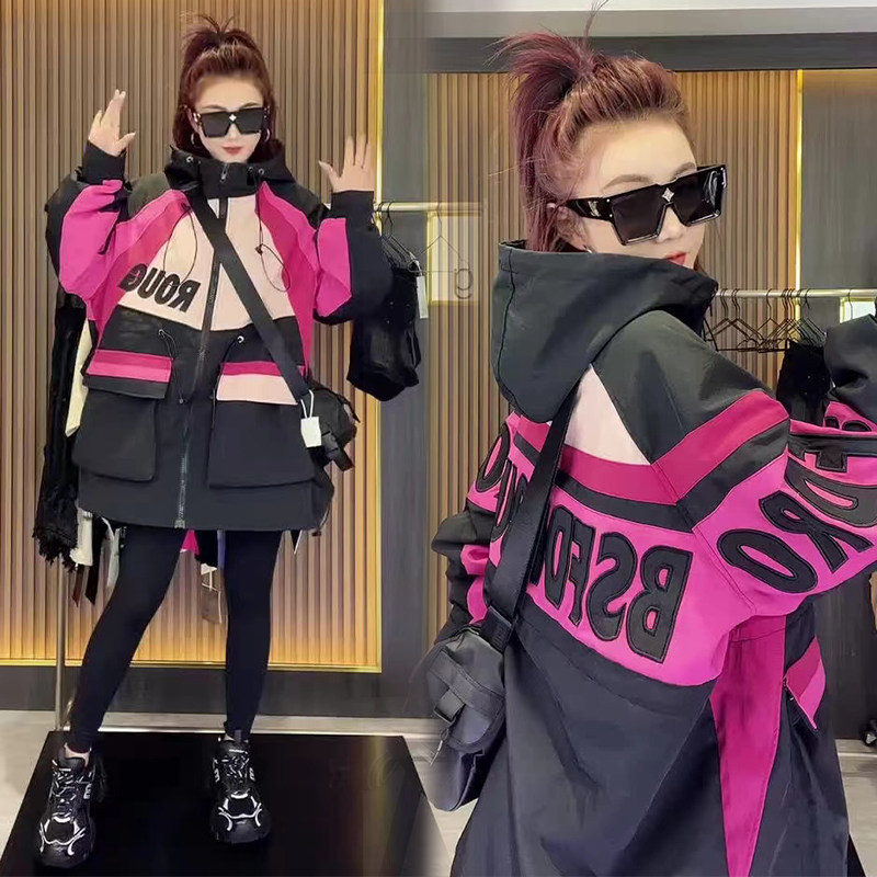 欧货潮中长款冲锋衣棉服宽松连帽