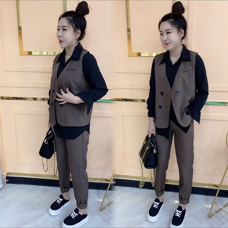 高端网红爆款时尚三件套女2022早秋新气质衬衫马甲显瘦休闲裤套装