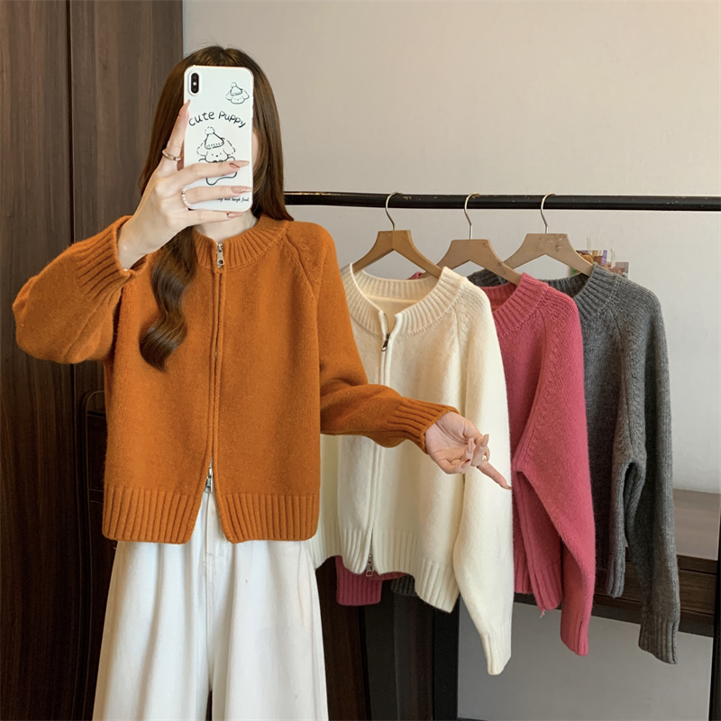 树莓粉色针织开衫短款毛衣外套