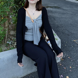 新款 两件套女2025秋季 胖mm巨显瘦上衣 复古蝴蝶结系带背心开衫 美式