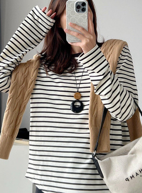 元品质 2025春夏新款亚麻条纹长袖针织T恤上衣女多色薄款女