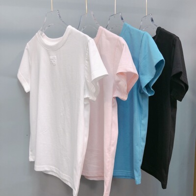 短袖简约发泡字母纯棉女纯色圆领