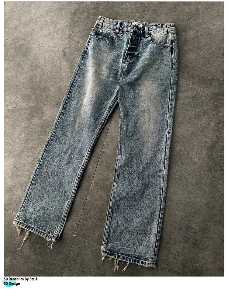 thumbnail for 【STS】Mega Jeans Snowflake Retro Straight Ice Blue American Loose Wash Jeans Men's Clean