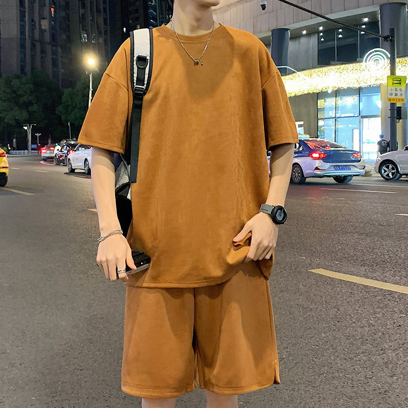 夜景 夏季短袖套装男士潮流宽松圆领t恤鹿皮绒两件套 t2657 p45图片