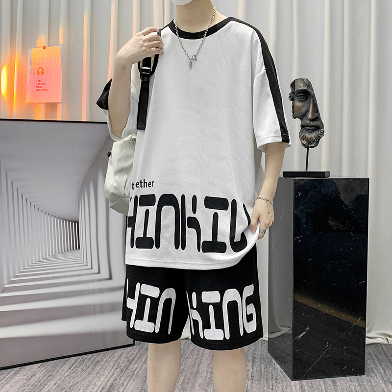 华夫格短袖套装男夏季新款宽松潮流百搭两件套日系港风T2610P38，男装T恤，星座1113