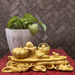 大叶黄杨木雕刻家居客厅创意桌面摆件人物装饰好年头小牧童工艺品