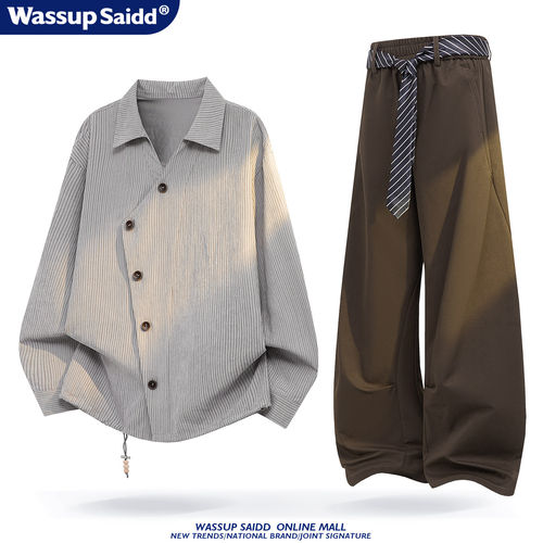 WASSUP SAIDD高级感设计感套装斜门襟条纹长袖衬衫男秋季弯刀长裤
