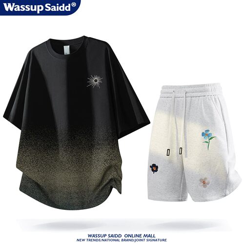 WASSUP SAIDD夏季套装渐变短袖T恤男潮牌花卉刺绣五分短裤青少年