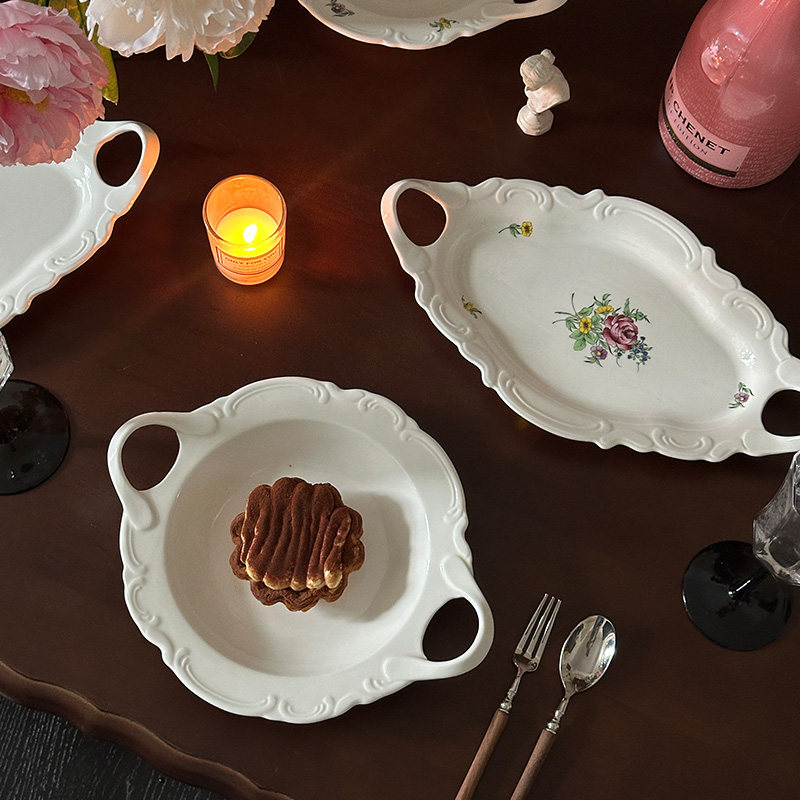 法式 双耳陶瓷玫瑰餐盘 菜盘 长盘 圆盘鱼盘 欧式中古风 浮雕,餐饮具,盘,淘宝优惠券,粉丝福利购,淘宝优惠卷