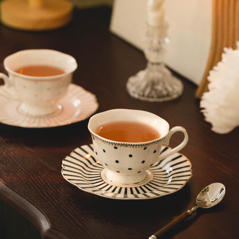 法式 骨瓷经典波点条纹咖啡杯碟 复古下午茶具茶杯小碟 花茶ins 餐饮具 咖啡杯 原图主图