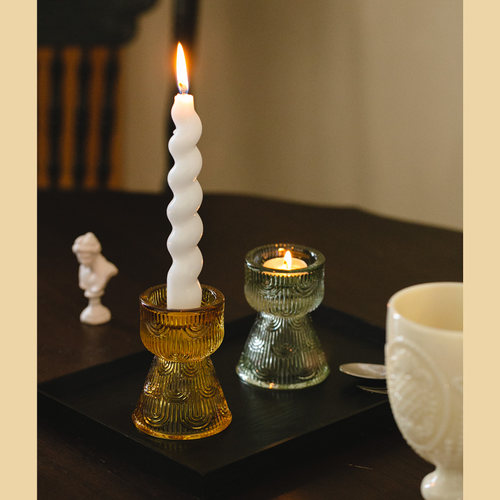 法式中古风复古玻璃烛台 四色可选 北欧简约彩色家用烛台摆件双用