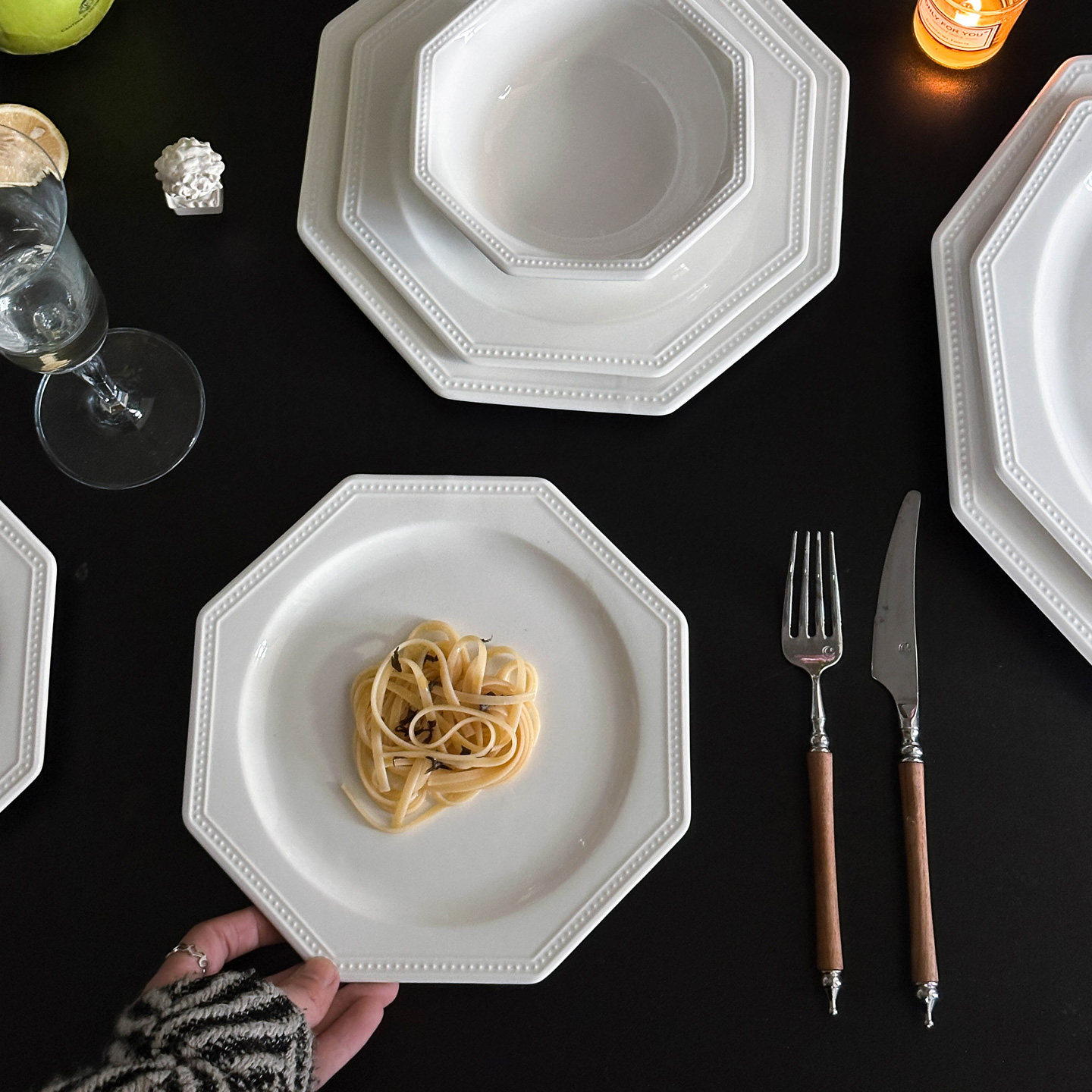 法式八角陶瓷珠点餐具 中古ins风牛肉盘意面西餐盘 欧式碗杯碟