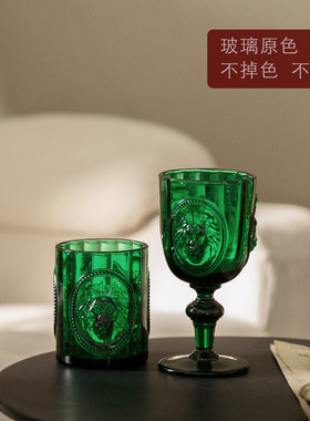 出口法国狮子杯复古绿色玻璃酒杯红酒杯珠杆雕花高脚杯不掉色家用