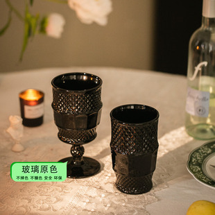 中古风法式浮雕玻璃杯 葡萄暗黑色红酒杯餐厅水杯复古欧式饮料杯