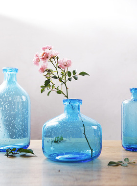 蓝色 玻璃 复古简约风格 气泡 插花瓶 水培容器 透明 摆件 三件套