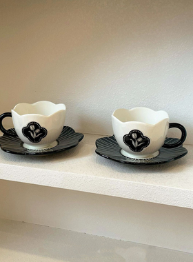 高级感ins法式中古黑色郁金香陶瓷下午茶拉花咖啡杯碟送伴手礼物