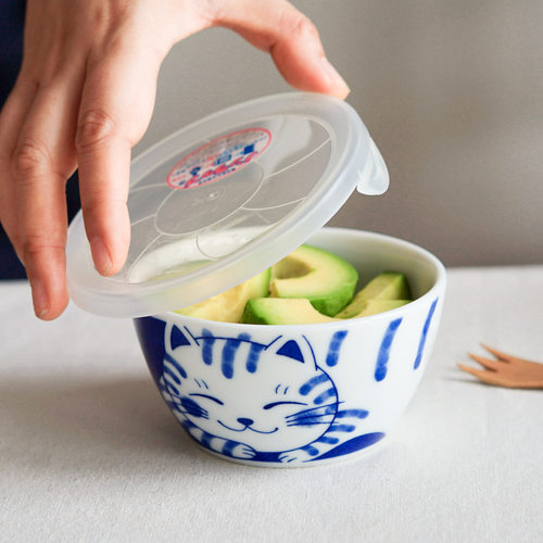 进口可爱猫咪带盖陶瓷保鲜碗微波炉加热用饭碗居家冰箱水果收纳碗