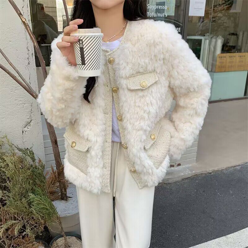 夹棉加厚小香风羊羔毛外套