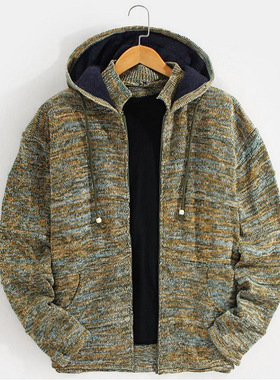 Trade menswear绿色流行男装秋冬宽松连帽针织衫拉链开衫毛衣外套