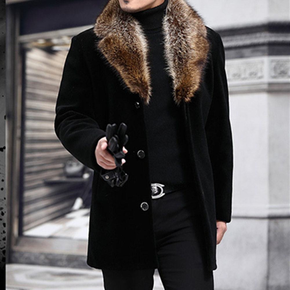 Original men's wear跨境新品毛呢大衣单排扣中长款毛领黑色外套