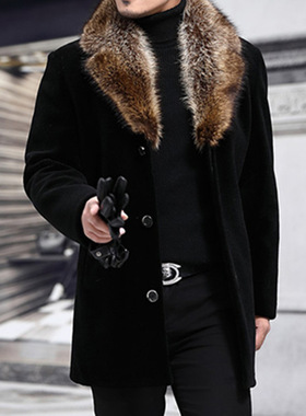 毛领中长款单排扣毛领黑色外套