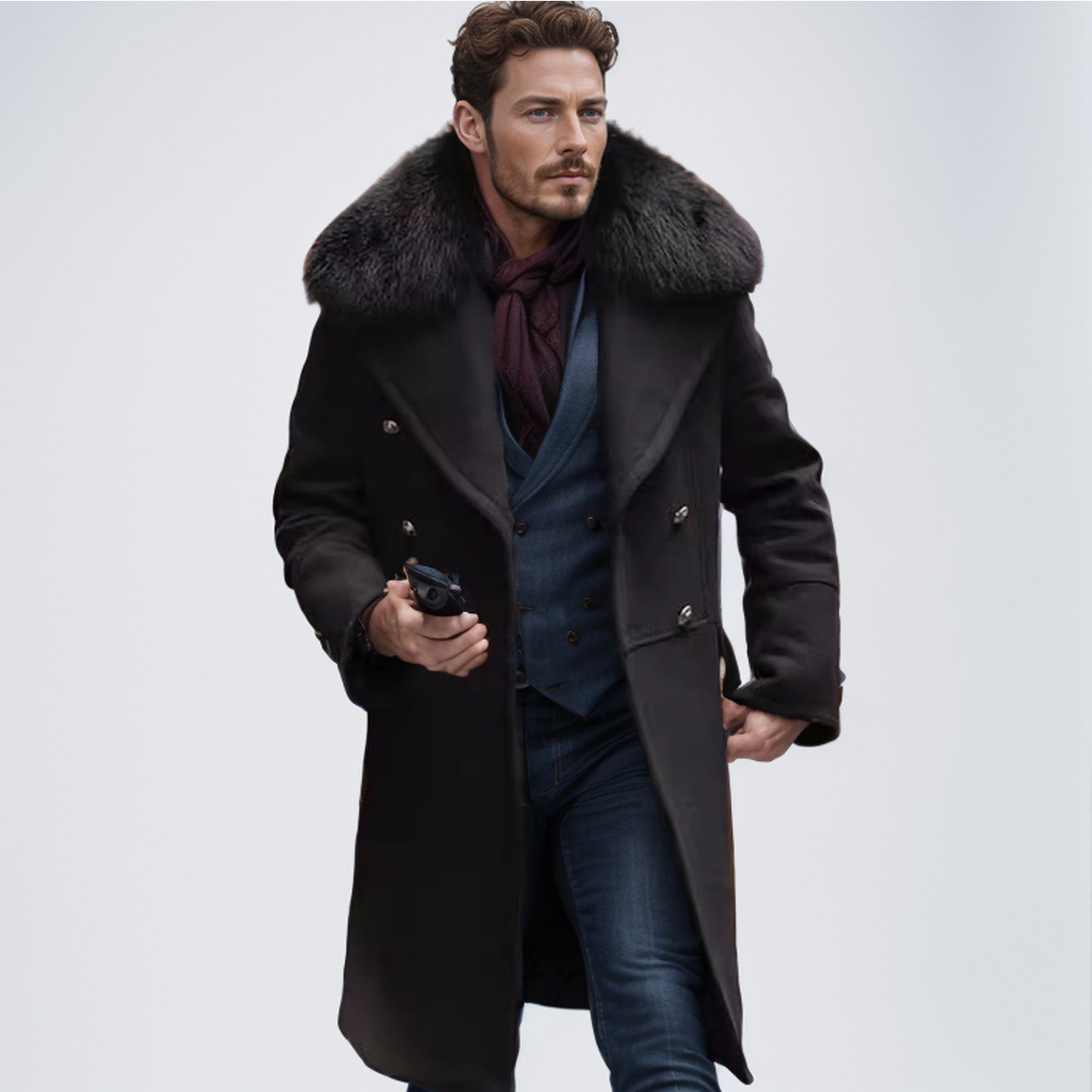 Fashion winter men's秋冬款跨境休闲优质毛领毛呢大衣双排扣外套