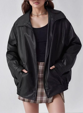 Russian women's leather jacket俄罗斯女士皮外套松紧下摆PU皮衣