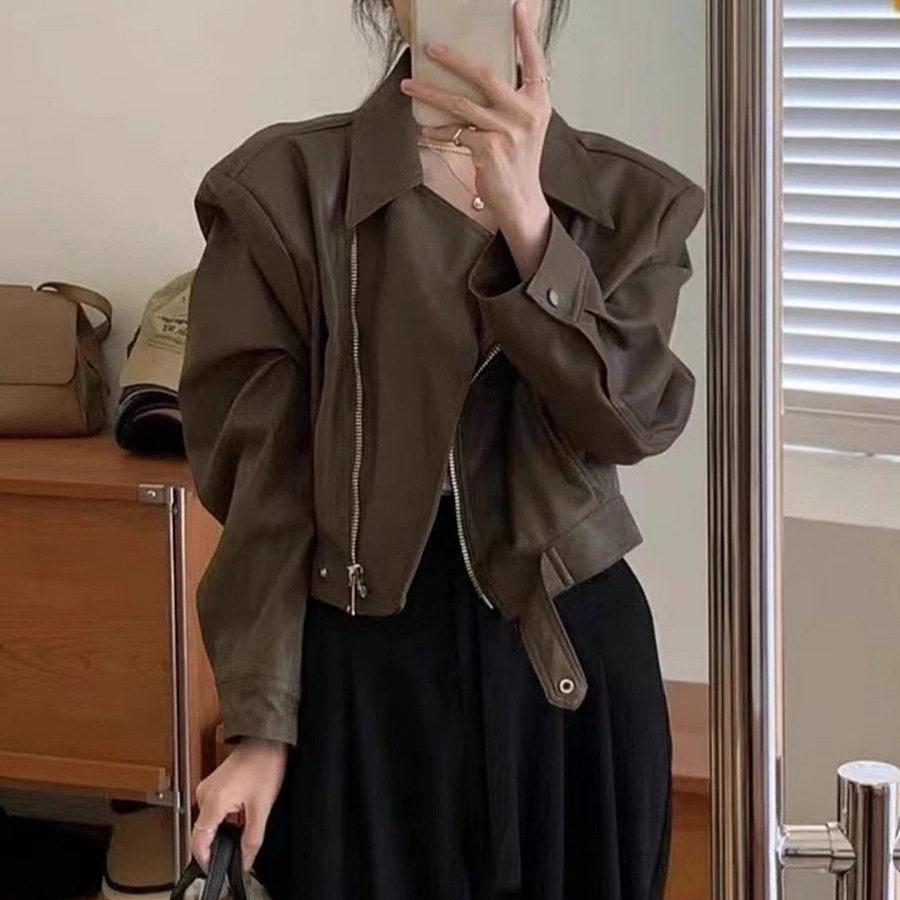 棕色PU皮衣女春秋港风短款