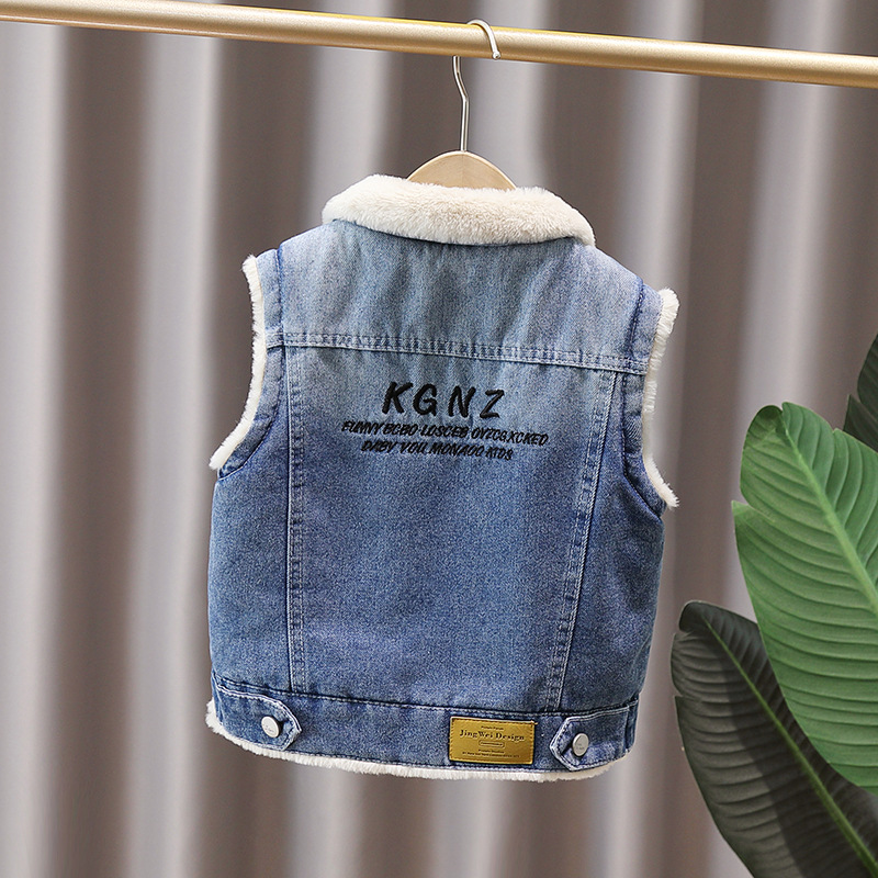 男童加绒马甲秋冬季2025新款儿童洋气背心男孩加厚牛仔马夹外穿潮