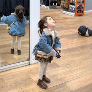 儿童加绒夹克2023秋冬装男女童韩版灰兔毛内里保暖加厚牛仔外套