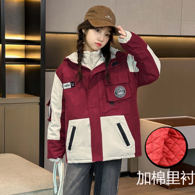 2025新款女童夹棉冲锋衣外套秋冬季洋气儿童加厚风衣中大童装上衣