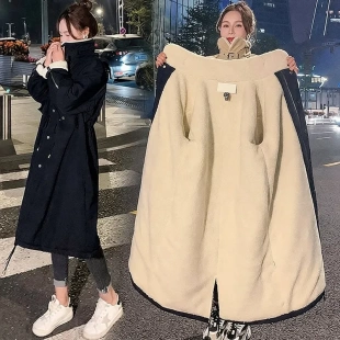 加绒加厚羊羔毛外套女冬季棉服中长款过膝韩版宽松棉袄派克服