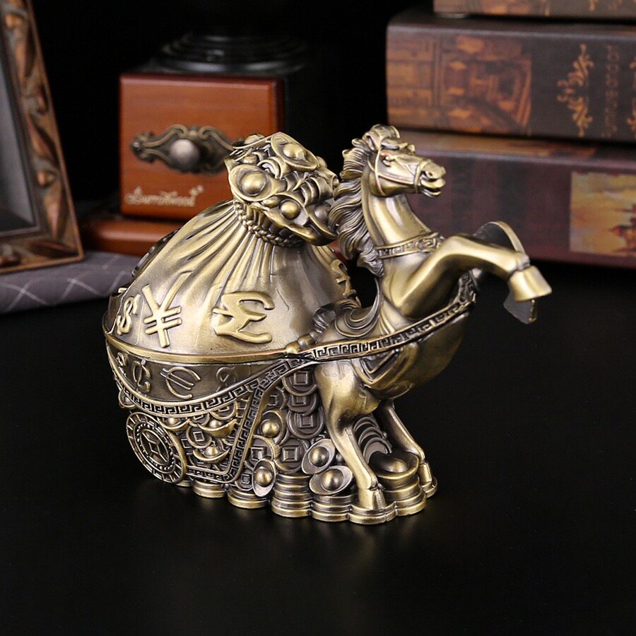 金属马拉财摆件招财进宝客厅办公室装饰烟灰缸马上有钱生肖马礼品