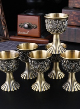 黄铜高脚杯复古龙凤百福酒杯