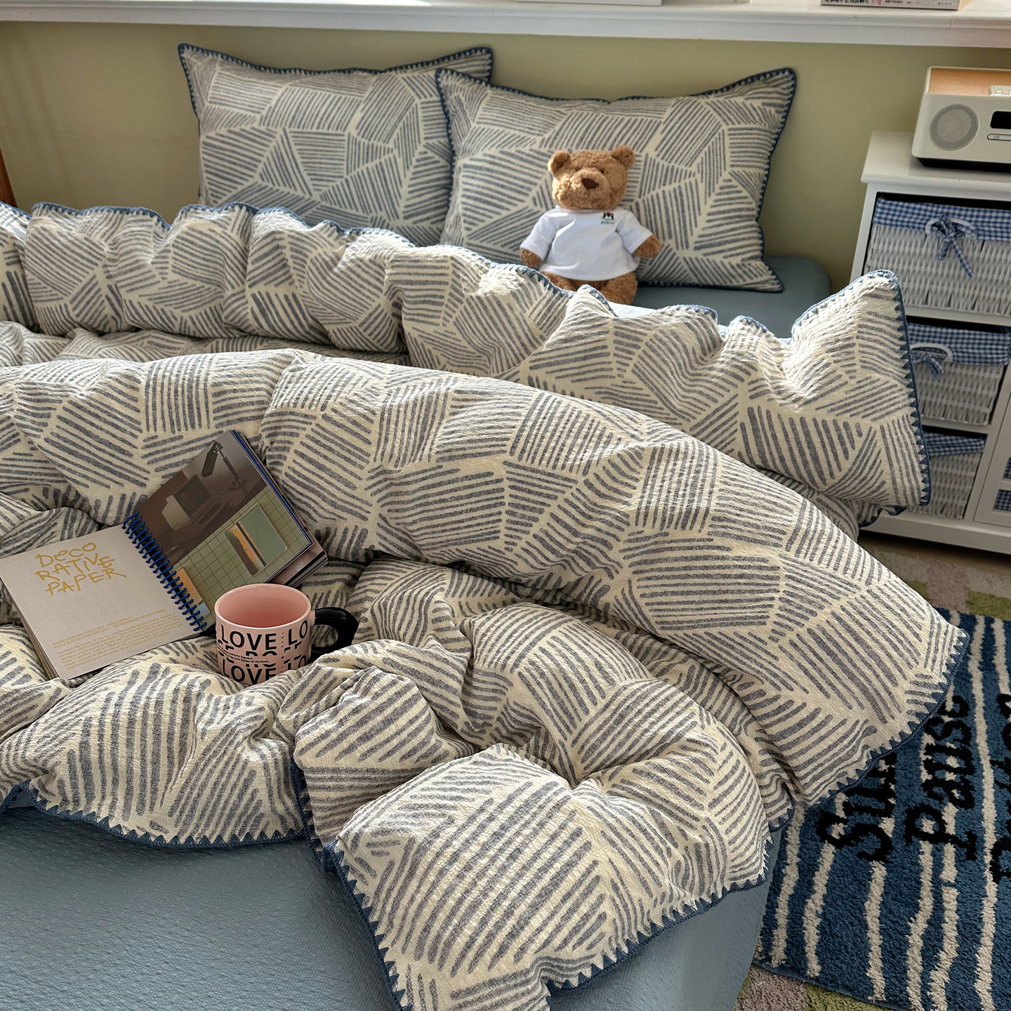 简约韩式条纹泡芙双层纱四件套贝壳边被套床单学生宿舍床三件套笠