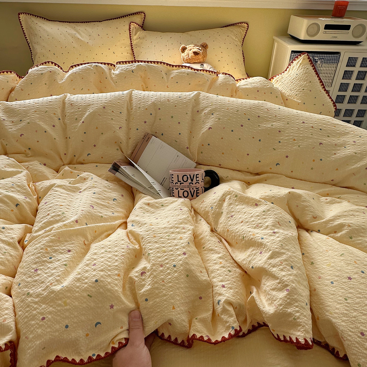 新品韩式彩色波点泡芙双层纱四件套贝壳边被套床单学生宿舍三件套