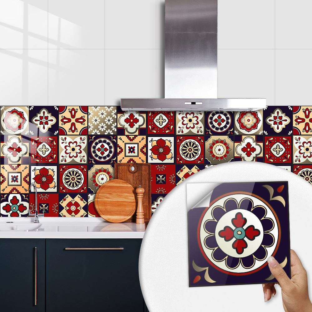 复古彩色花朵仿瓷砖贴地板楼梯墙面儿童房遮丑装饰画防油水墙贴纸图片