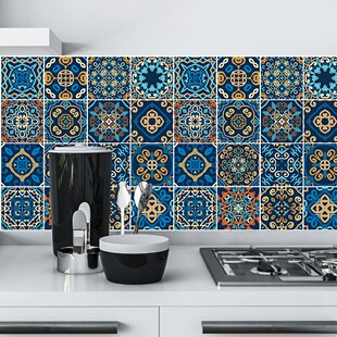 蓝色仿瓷砖贴地板楼梯柜子墙面厨房浴室美化装饰画防水自粘墙贴纸
