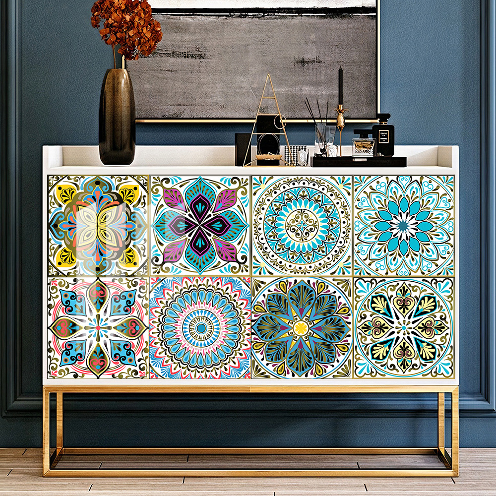 蓝曼陀罗水晶硬片仿瓷砖贴地板楼梯腰线橱柜浴室装饰画墙贴纸防水