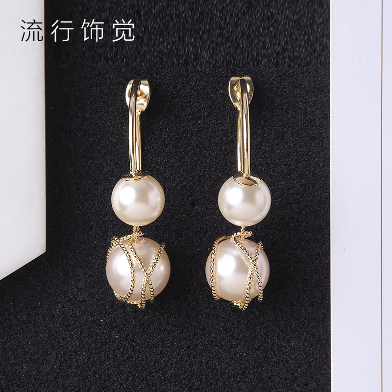 流行饰觉 S925银针双珍珠金属绕线后挂式耳环日韩时尚优雅耳饰女