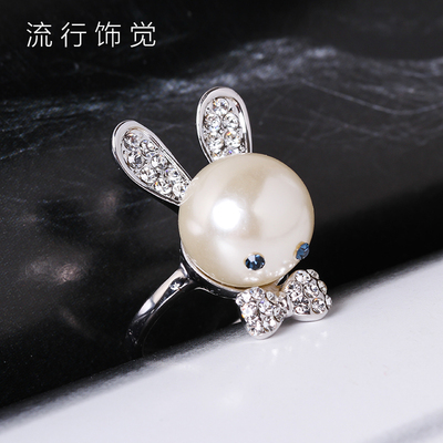 流行饰觉 小兔子珍珠镶钻夸张戒指日韩时尚可爱个性配饰品女