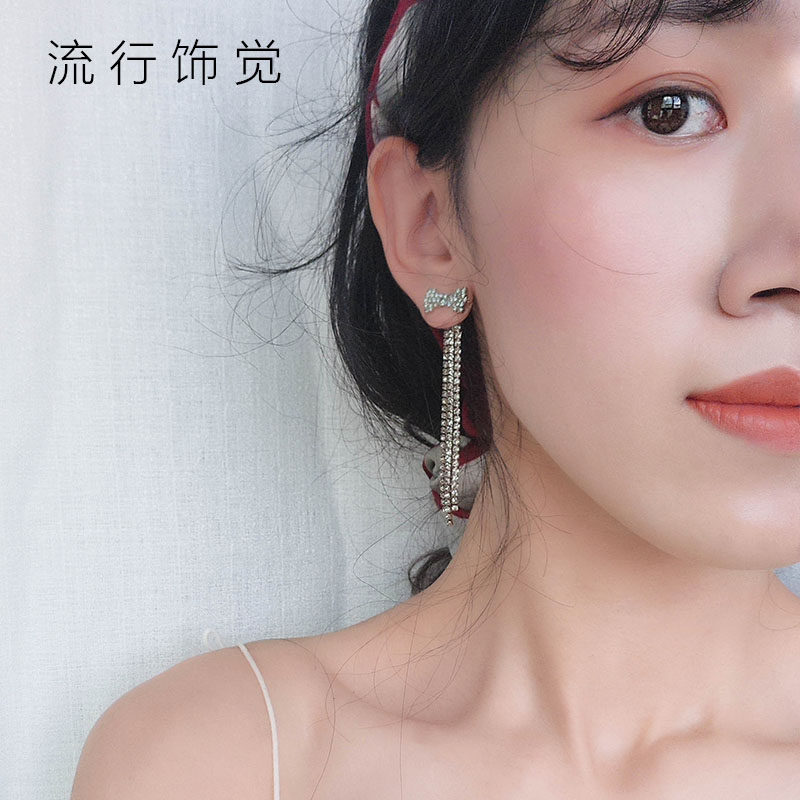 流行饰觉 S925银针蝴蝶结钻链流苏后挂式耳环日韩时尚气质耳饰女