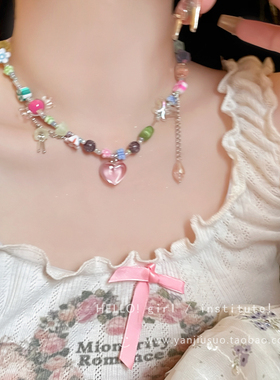 蜜桃粉夏日多巴胺爱心糖果项链女小众设计甜酷辣妹锁骨链脖颈链