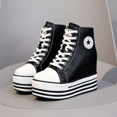 松糕厚底坡跟系带女鞋 12厘米超高跟内增高休闲单鞋 真皮高帮鞋 春款