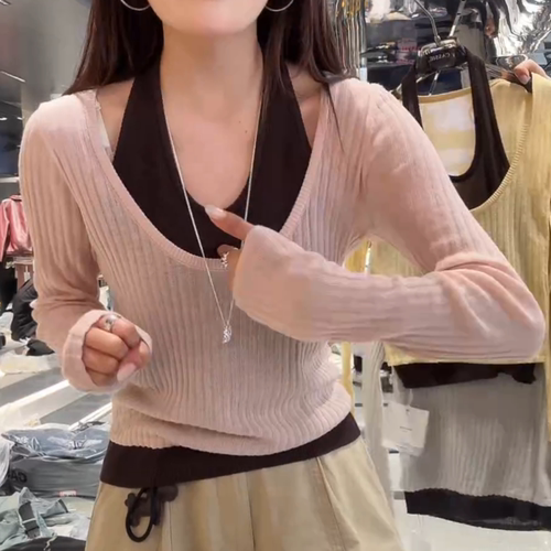 假两件挂脖撞色u领坑条针织衫女春夏2026新款长袖t恤上衣罩衫修身