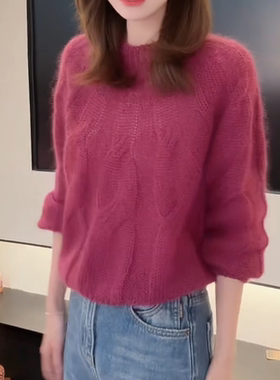 高级感麻花紫色针织衫女秋冬2025年新款洋气慵懒宽松毛衣长袖上衣