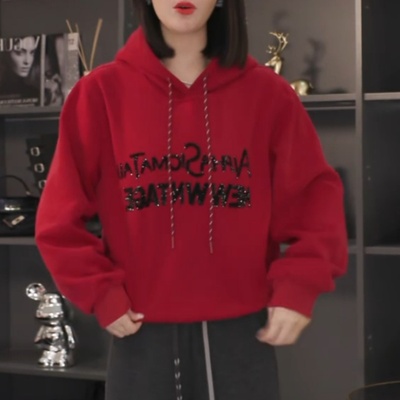 灰色连帽卫衣女款秋冬2025新款爆款时尚洋气加绒加厚女士百搭上衣