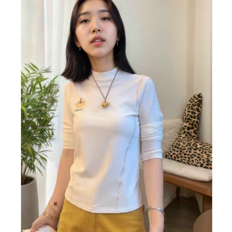 韩版加绒绣花长袖t恤女2025新款秋季设计感打底衫女内搭圆领上衣