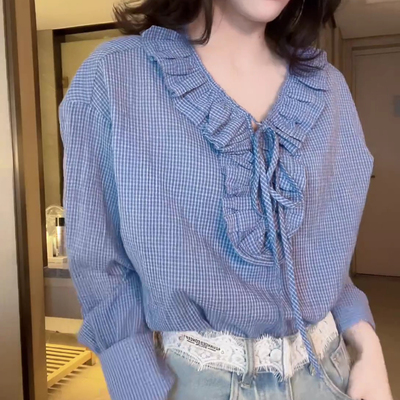设计感荷叶边v领女士衬衫